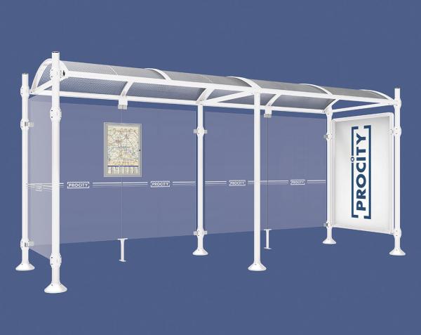 Wartehalle Province Gebürsteter Edelstahl Farbe:RAL 9010|Länge:5000 mm|Struktur:Mit Schaukasten 2000 und eienr Seitenverkleidung