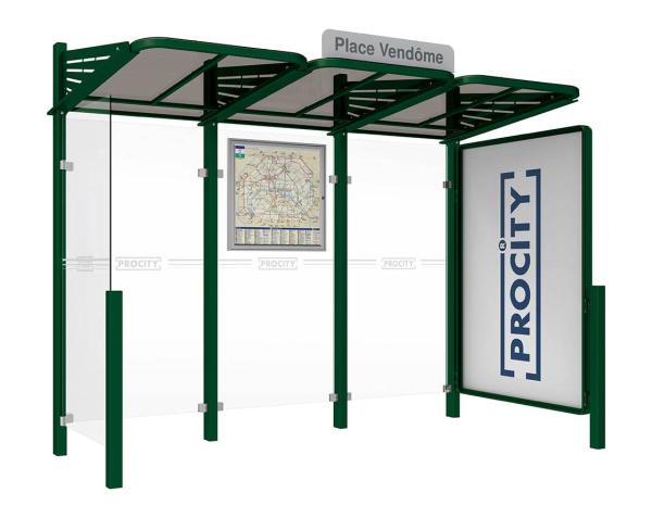 Wartehalle Convi Farbe:RAL 6005|Struktur:Schaukasten 2000 rechts und Seiterverkleidung links