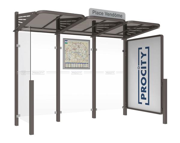 Wartehalle Convi Farbe:Procity grau|Struktur:Schaukasten 2000 rechts und Seiterverkleidung links