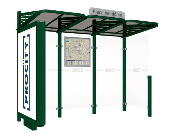 Wartehalle Convi Farbe:RAL 6005|Struktur:Beleuchteter VIP-Caisson links und Seitenverkleidung rechts