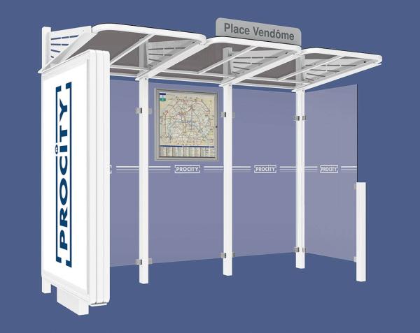 Wartehalle Convi Farbe:RAL 9010|Struktur:Beleuchteter VIP-Caisson links und Seitenverkleidung rechts