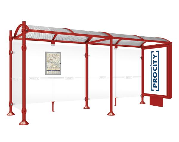 Wartehalle Province Gebürsteter Edelstahl Farbe:RAL 3004|Länge:5000 mm|Struktur:Mit Leuchtcaisson und einer Seitenverkleidung