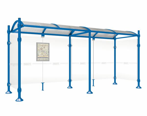 Wartehalle Province Gebürsteter Edelstahl Farbe:RAL 5010|Länge:5000 mm|Struktur:Mit 2 Seitenverkleidungen
