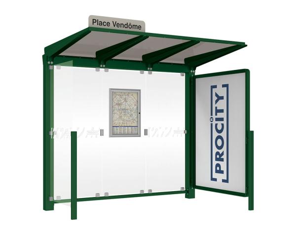 Wartehalle Venedig Farbe:RAL 6005|Länge:2500 mm|Struktur:Mit Schaukasten 2000 und eienr Seitenverkleidung