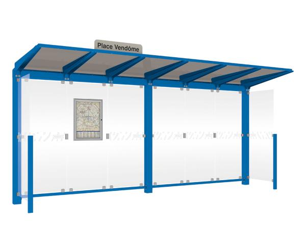 Wartehalle Venedig Farbe:RAL 5010|Länge:5000 mm|Struktur:Mit 2 Seitenverkleidungen LED-Version
