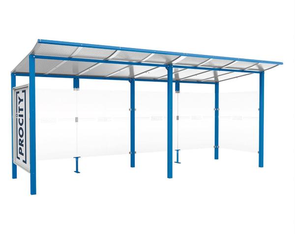 Wartehalle Modulo Farbe:RAL 5010|Länge:5 000 mm|Struktur:Schaukasten und eine Seitenverkleidung|Weitere Merkmale:Zum Einbetonieren
