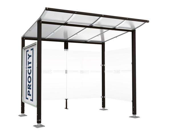Wartehalle Modulo Farbe:RAL 9005|Länge:2 500 mm|Struktur:Schaukasten und eine Seitenverkleidung|Weitere Merkmale:Auf Bodenplatten