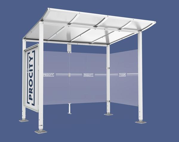 Wartehalle Modulo Farbe:RAL 9010|Länge:2 500 mm|Struktur:Schaukasten und eine Seitenverkleidung|Weitere Merkmale:Auf Bodenplatten