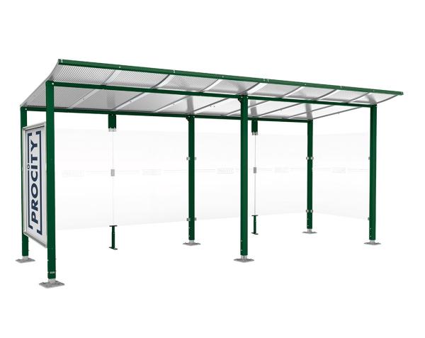 Wartehalle Modulo Farbe:RAL 6005|Länge:5 000 mm|Struktur:Schaukasten und eine Seitenverkleidung|Weitere Merkmale:Auf Bodenplatten