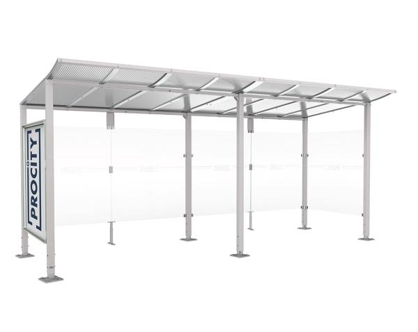 Wartehalle Modulo Farbe:RAL 7044|Länge:5 000 mm|Struktur:Schaukasten und eine Seitenverkleidung|Weitere Merkmale:Auf Bodenplatten