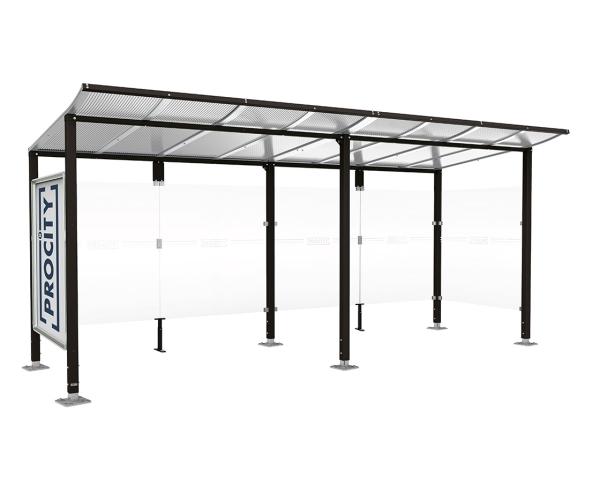 Wartehalle Modulo Farbe:RAL 9005|Länge:5 000 mm|Struktur:Schaukasten und eine Seitenverkleidung|Weitere Merkmale:Auf Bodenplatten
