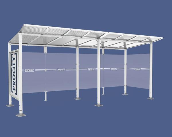 Wartehalle Modulo Farbe:RAL 9010|Länge:5 000 mm|Struktur:Schaukasten und eine Seitenverkleidung|Weitere Merkmale:Auf Bodenplatten
